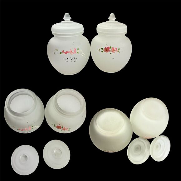40's Frosted Glass Pink Floral Apothecary Jar Container Vintage 7pc Nursery Set - Picture 7 of 12